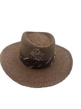 Mens Large Woven Straw Wide Brim Hat With Decorative Ribbon Band Brown